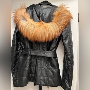 Leather jacket with furry collar and sash tie